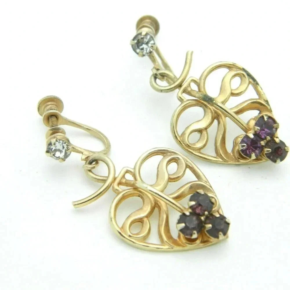 Purple Rhinestone Gold Tone Earrings